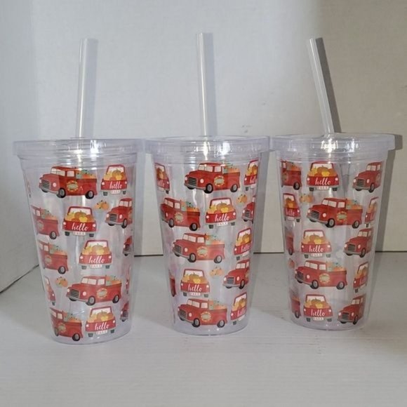 SET OF 3 Fall Travel Tumbler Cold Cup Straw Red Truck Drink 16oz Pumpkins - Picture 2 of 7